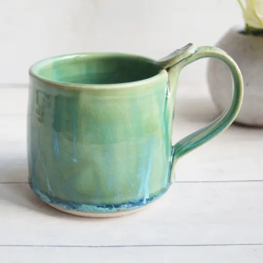 Crackle Green Pottery Mug, 14 Ounce Handmade Coffee Cup, Made in USA