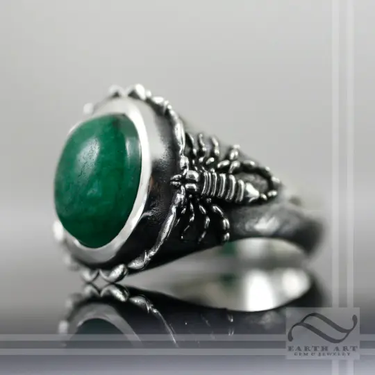 Mens Scorpion And Emerald Signet Ring in Solid Sterling Silver