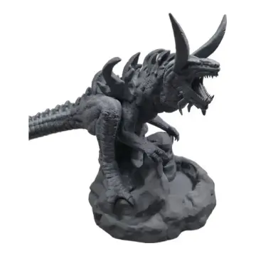 Unpainted 3D-printed Tarrasque dice tower crouched on a rock crag above a dice tray, tabletop RPG dice tower for D&D, Pathfinder and wargaming