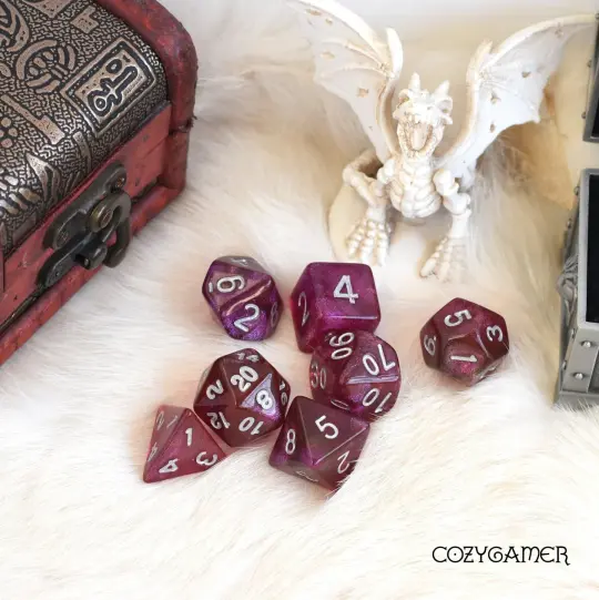 Fuchsia Will O Wisp Dice Set. Glitter TTRPG Dice