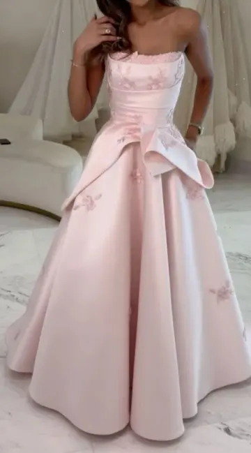 Silky Satin Applique Prom Gown Pink Women's Corset Maxi Evening Dress Ball Gown RS2872