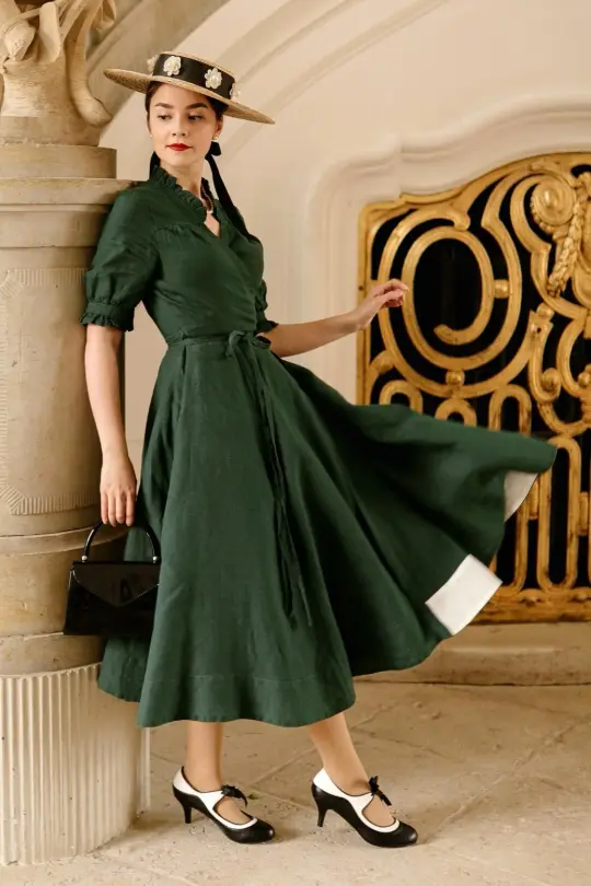 Darcy – Short Sleeve Ruffled V-Neckline Linen Wrap Dress