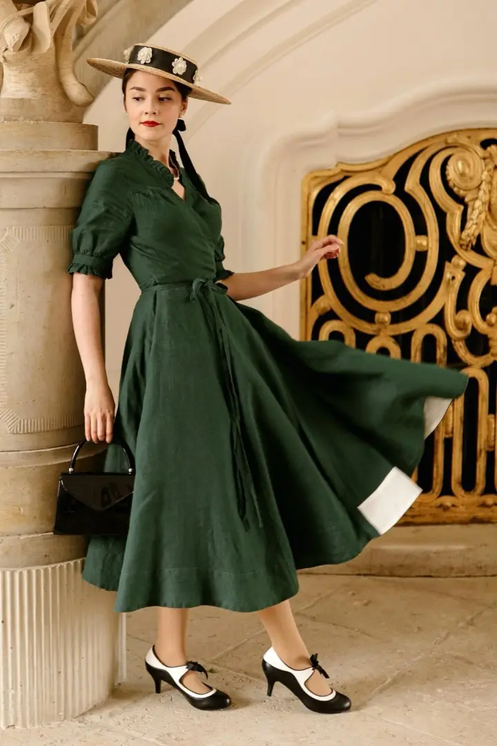 Darcy – Short Sleeve Ruffled V-Neckline Linen Wrap Dress