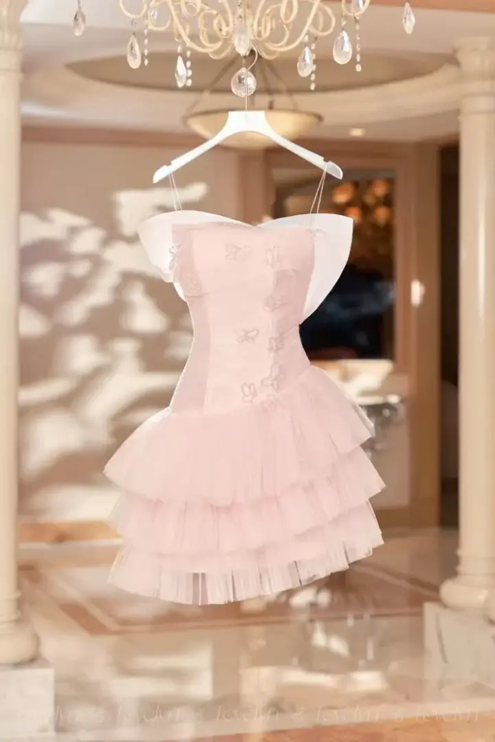 Pink Strapless One Shoulder Satin Waist A-Line Short Skirt Homecoming Dress R3378