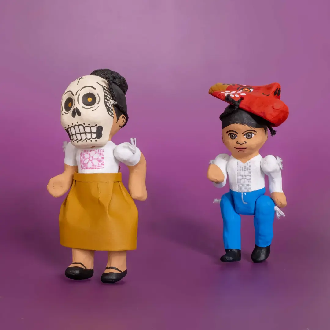 Papier-Mâché Escuincles with Diablitos and Skull Masks Doll Sculptures