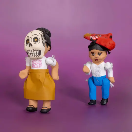 Papier-Mâché Escuincles with Diablitos and Skull Masks Doll Sculptures