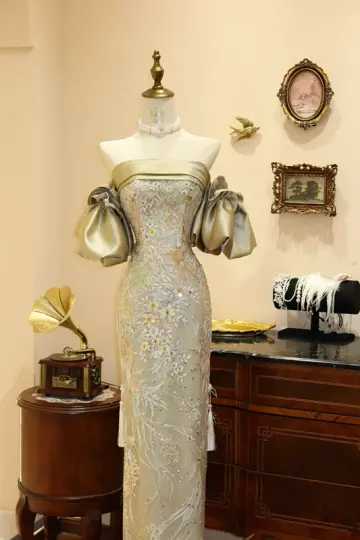 Light green off-the-shoulder fitted ball gown, bridal dress R7188