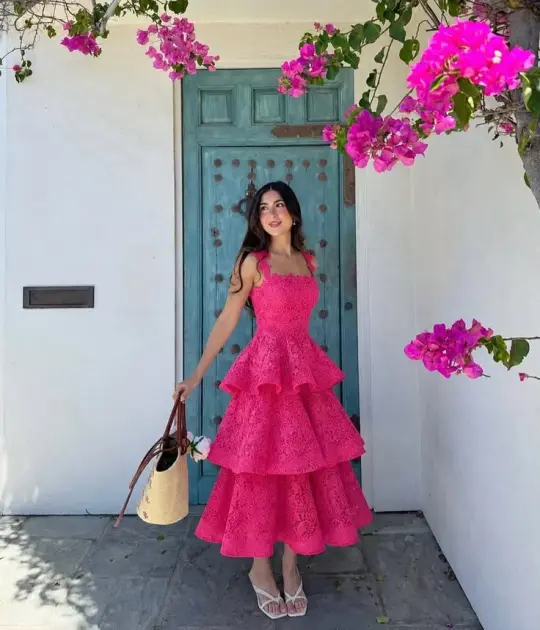 Girlish Ruffled Lace Prom Gown Barbie Pink Women's Corset Maxi Birthday Dress — Fall Outfit 2026 New RS3112