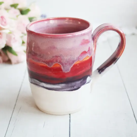 Handcrafted Pottery Mug in Dripping Pink, Red and Purple Glazes, Large 17 oz. Made in USA