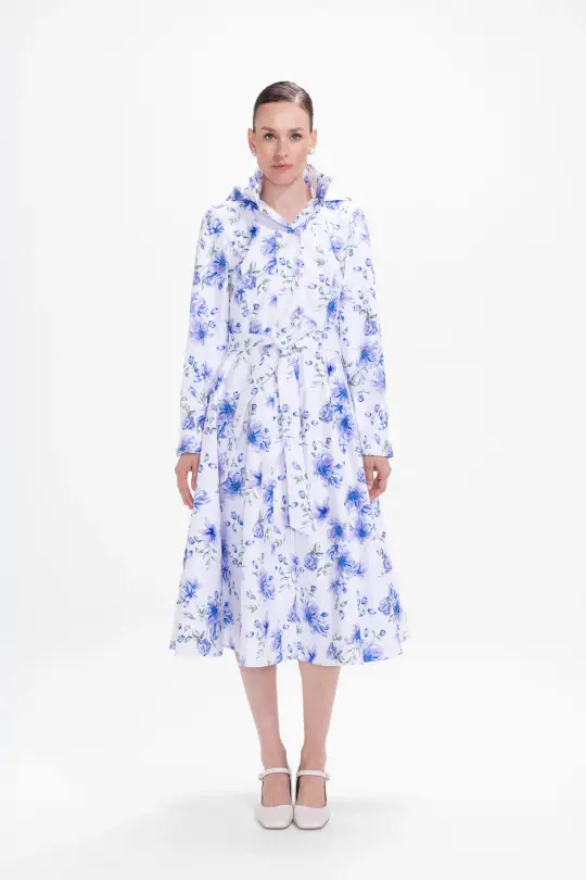 Fit and Flare Coat with A-Line Skirt in White with Blue Flower Print | Floral White