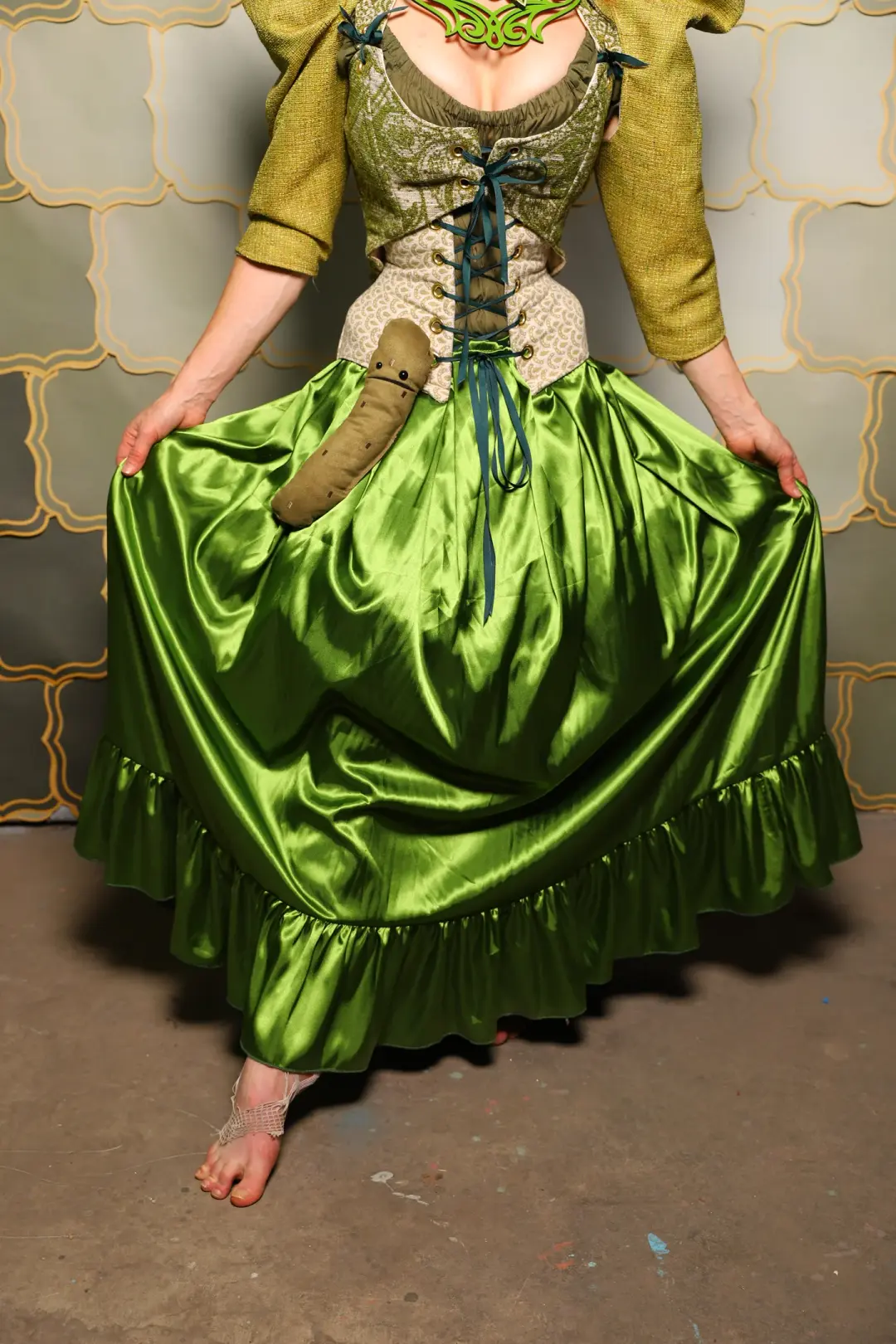 38. Tulip Skirt w/ruffle in Sunlit Moss Shiny Satin - The Brine for Bunny Collection