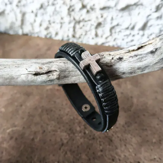 Black Leather Cross Bracelet for Men – Double Layer Watchband Style