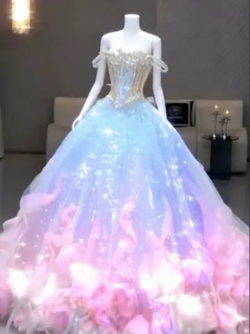 Blue and pink fairy-like strapless waist-cinching long ball gown R6564