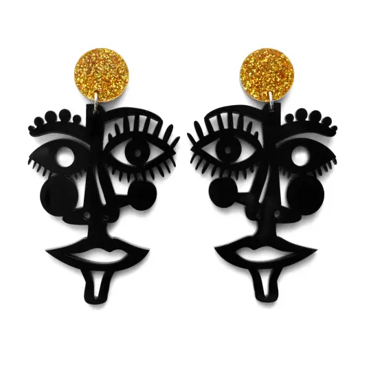 Black Acrylic Laser Cut Face Earrings, Statement Jewelry
