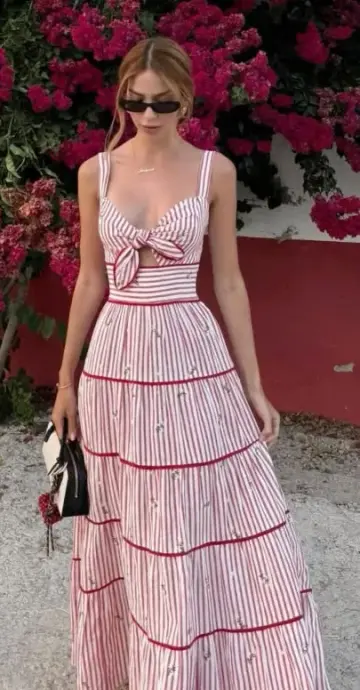 Striped Resort Corset Prom Gown , Red Vibrant Women's Maxi Summer Dress Birthday Dress RS2549