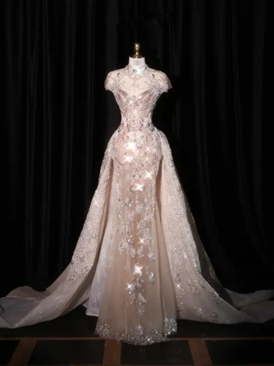 Light pink fitted waist bodycon long ball gown/bridal dress R8931