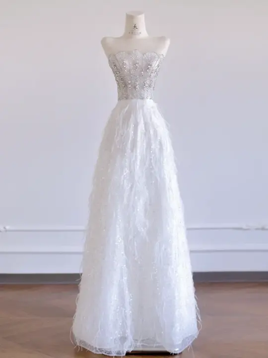 Silver strapless rhinestone-embellished fitted bodice with white A-line skirt, long ball gown/bridal dress R8286