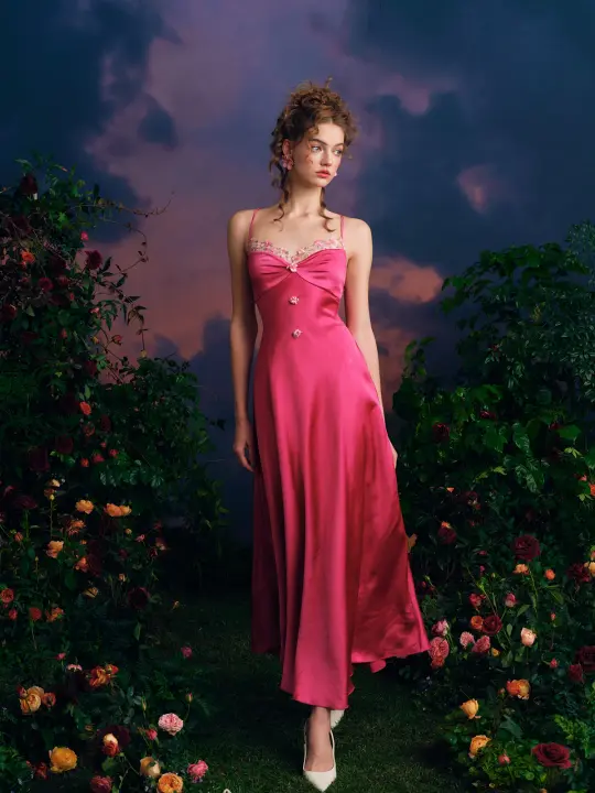 French romantic temperament drape satin suspender dress long skirt homecoming dress R5122