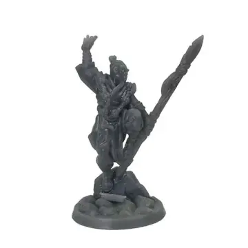 Unpainted 32mm 3D-printed bare-armed monk on a rock with one hand thrown open and a long spear braced — tabletop RPG miniature for D&D, Pathfinder & wargaming