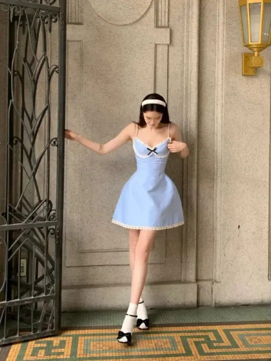 Blue suspenders waist slim princess skirt homecoming dress R3697