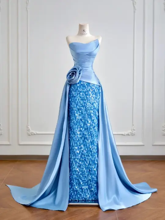 Light blue strapless, fitted, elegant long ball gown R8199