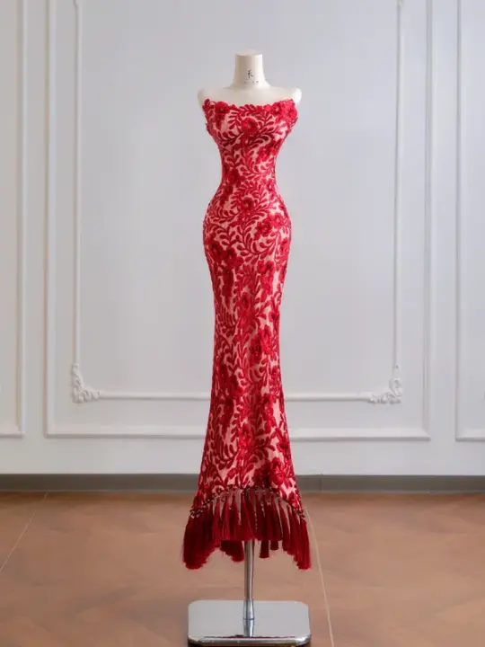 Red classic floral print strapless fitted waist slim hips sexy long ball gown R8179