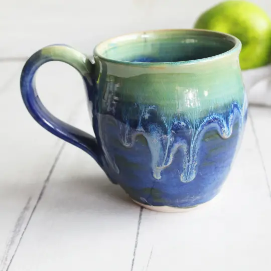 Blue and Green Pottery Mug with Dripping Glazes, 14 oz. Coffee Cup, Handmade in USA