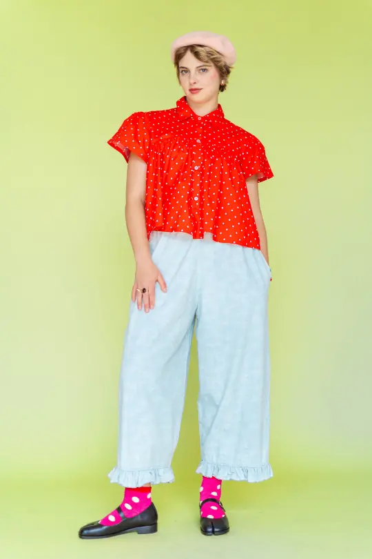 BLEACHED FLORAL CHAMBRAY RUFFLE PANTS