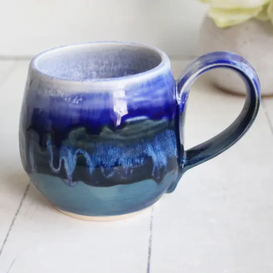 Handcrafted Pottery Mug in Dripping Blue Glazes, 12 oz. Made in USA