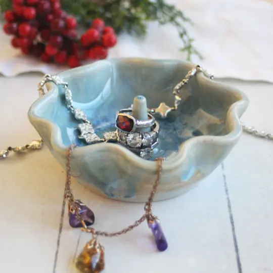 Ring Holder in Sea Glass Blue Glaze Handcrafted Pottery Dish Made in USA