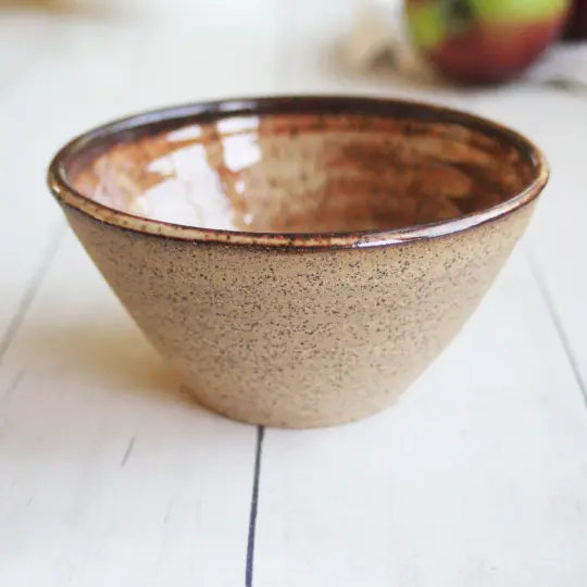 Single Snack Bowl in Raw Stoneware and Brown Glaze, Made in USA