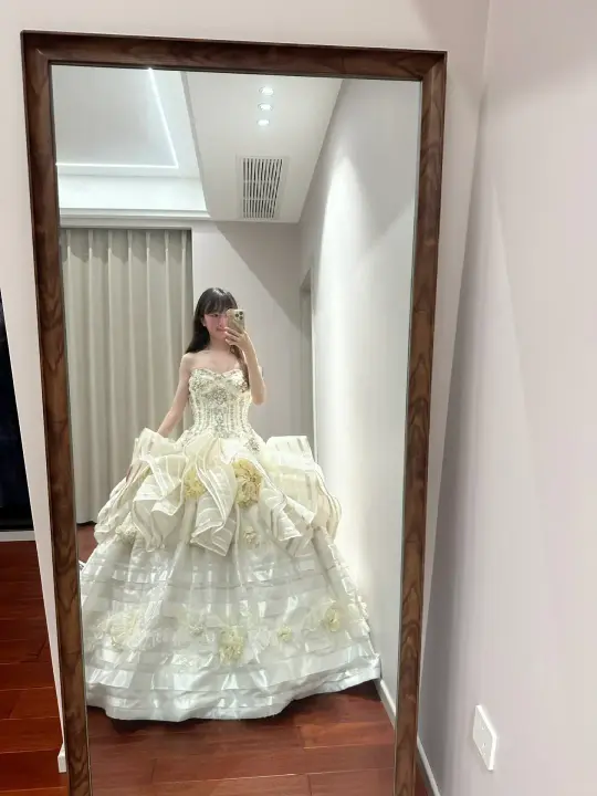 Light apricot strapless, fitted waist, full skirt, long ball gown, bridal dress R8838