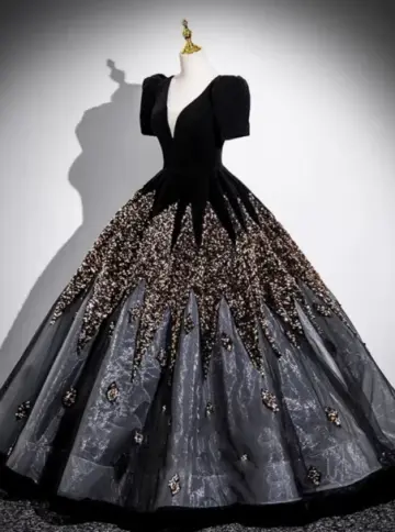Gorgeous Black Sequins Quinceanera Dress,Ball Gown V-neck Elegant Maxi Evening Dress RS1028