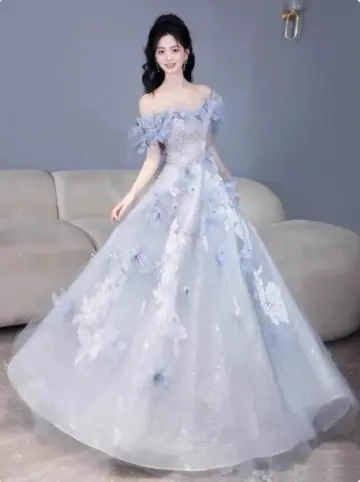 French Chic Pale Blue A-Line Bateau Applique Corset Maxi Prom Dress Birthday Dress RS350