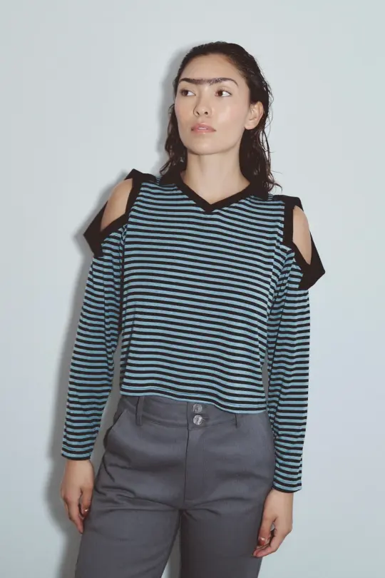 Long Sleeve 3 Collar Rugby Tee Blue Stripe