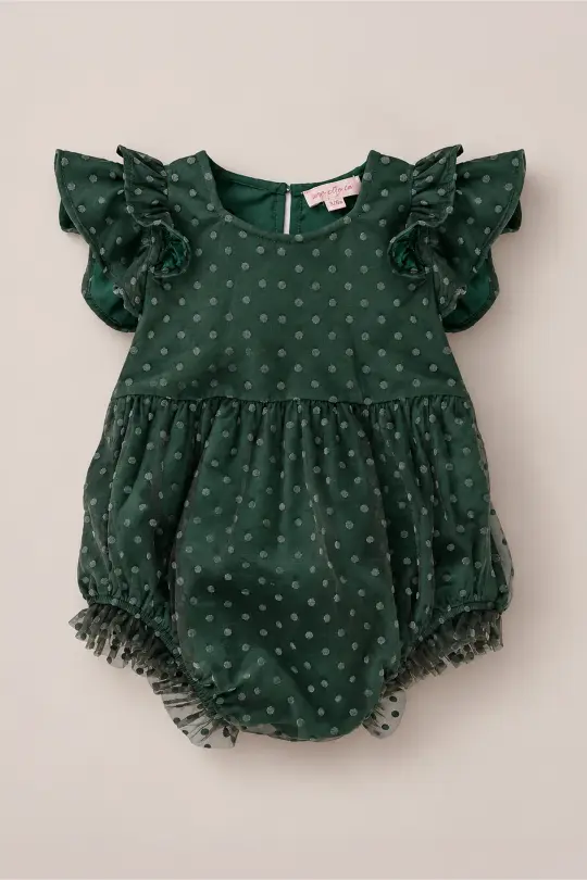 Baby Hattie Romper in Green Flocked Dot Tulle