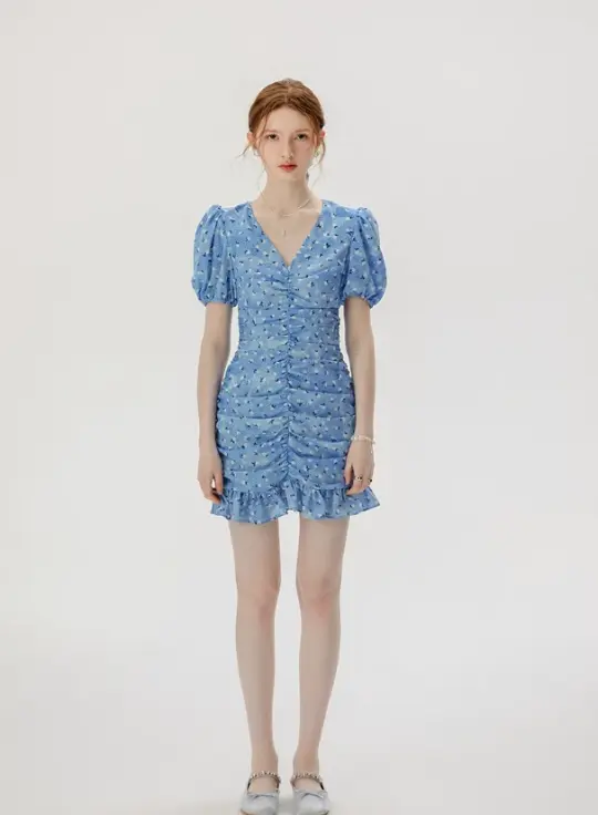 Short hip skirt summer French floral skirt blue petite pleated dress R2714