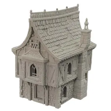 An unpainted, light grey 3D-printed tabletop miniature of a two-story medieval fantasy house. The ground floor features a textured stone brick design with an arched wooden door, while the overhanging second floor has a half-timbered style with a protruding bay window. The roof is covered in detailed wood shingles, topped with a decorative railing along the ridge, and a prominent stone chimney extends up the right side of the building. Isolated on a white background.