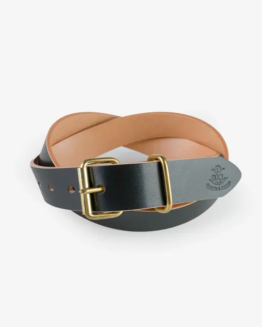 OGL Single Prong Brass Roller Buckle Leather Belt - Hand Dyed Black