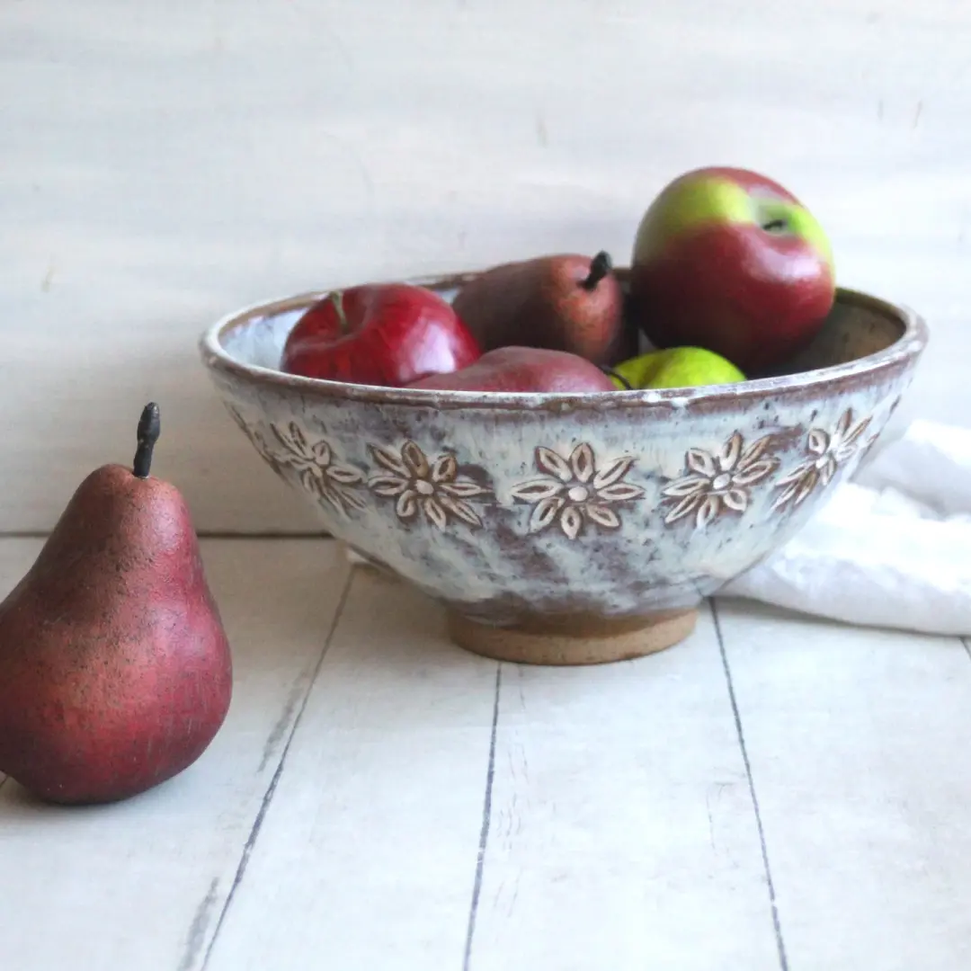 Gorgeous Hand Carved Large Rustic Serving Bowl in Dripping White and Speckled Brown, Made in USA