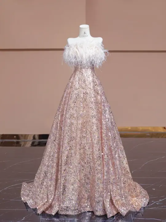 Light pink off-the-shoulder neckline, fitted waist, long flowing skirt, ball gown, bridal dress R8341