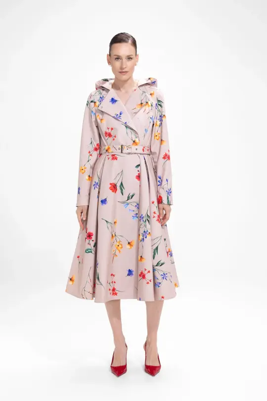 Double Breasted Trench Coat in Beige with Flower Print | Spring Bloom