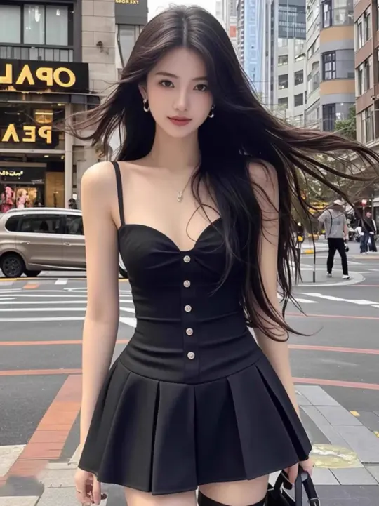 Pure desire style sexy black suspender dress new style waist slimming A-line short skirt R3393
