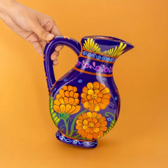 Hand-Painted Cempasuchil Lolo Limited Edition Clay Pitcher