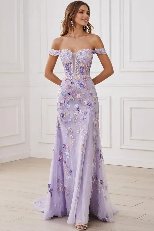 French Chic Lavender A-Line Strapless Long Women Dress with Applique Evening Dress Birthday Dress RS116