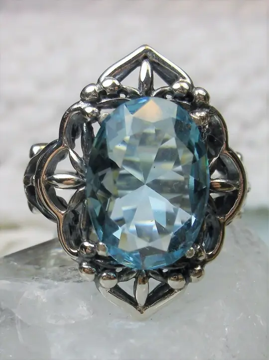 Aquamarine Ring, Size 6, Gothic Filigree Ring - Vintage Style Ring D98 - Ready to Ship