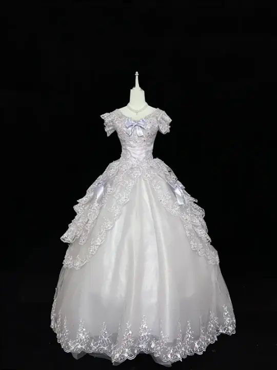 White fitted waist, full skirt, long ball gown, bridal dress R9060