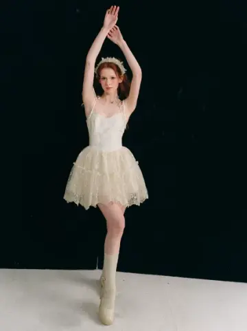 Balletcore White Corset Dress with Lace Trim, Bow Details and Voluminous Skirt R9265