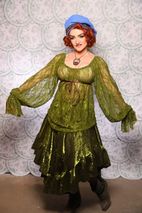 Classic Blouse With Long Sleeves In Olive Stretch Lace - The Tudor Tarot Collection