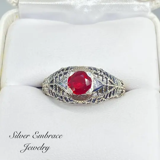 Natural Ruby Ring, Size 8, CZ Inlay Gems, Art Deco Jewelry #D235 - Ready to Ship